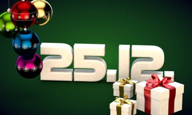 25 takvim 12 Tarih hediye kutusu Noel ağacı topları 3d çizim