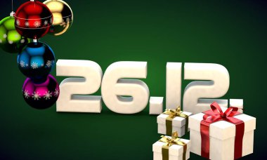 26 takvim 12 Tarih hediye kutusu Noel ağacı topları 3d çizim