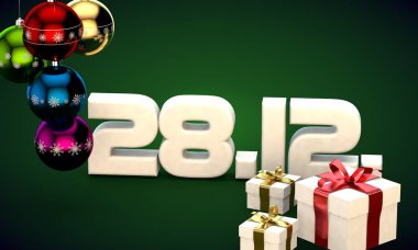 28 takvim 12 Tarih hediye kutusu Noel ağacı topları 3d çizim