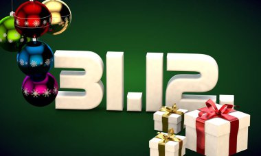 31 takvim 12 Tarih hediye kutusu Noel ağacı topları 3d çizim