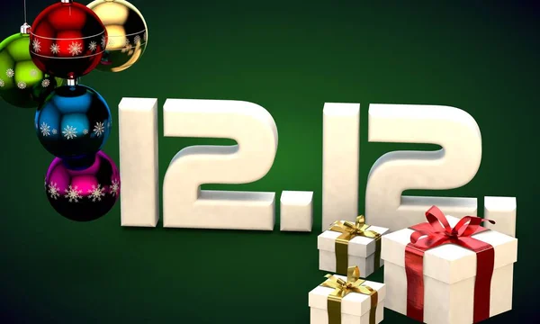 12 12 date calendar gift box christmas tree balls 3d illustration — Stock Photo, Image