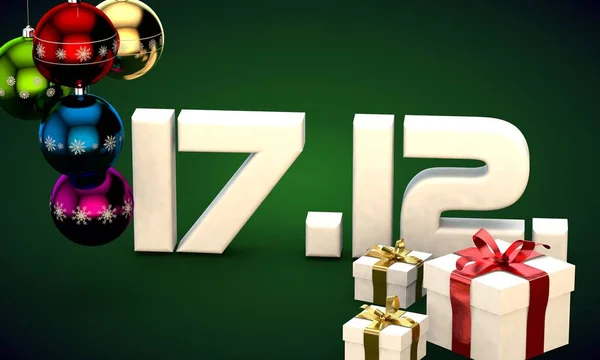 17 12 date calendrier boîte cadeau boules arbre de Noël illustration 3d — Photo