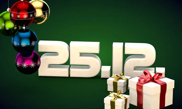 25 takvim 12 Tarih hediye kutusu Noel ağacı topları 3d çizim — Stok fotoğraf