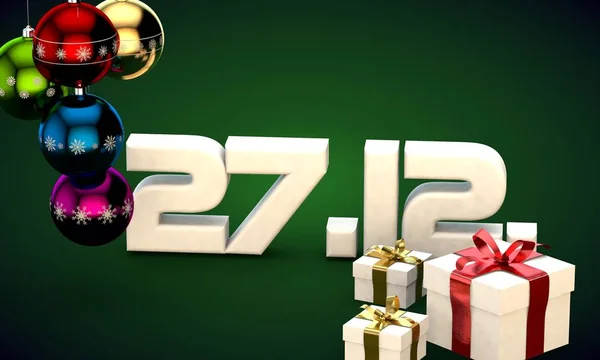 27 12 Datum Kalender Geschenkbox Weihnachtsbaum Kugeln 3D-Illustration — Stockfoto