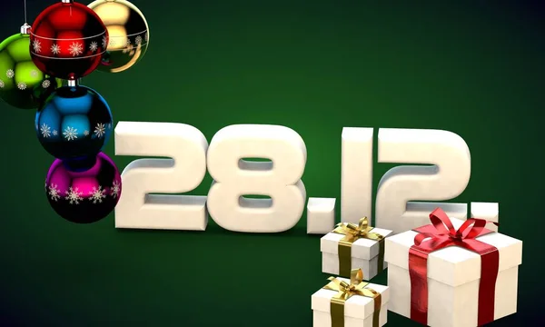 28 12 Datum Kalender Geschenkbox Weihnachtsbaum Kugeln 3D-Illustration — Stockfoto