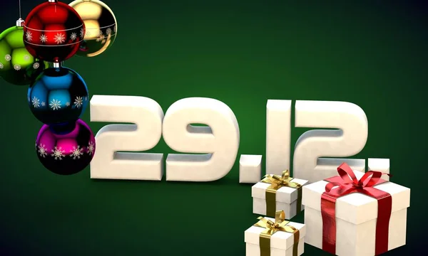 29 12 fecha calendario regalo caja árbol de navidad bolas 3d ilustración — Foto de Stock