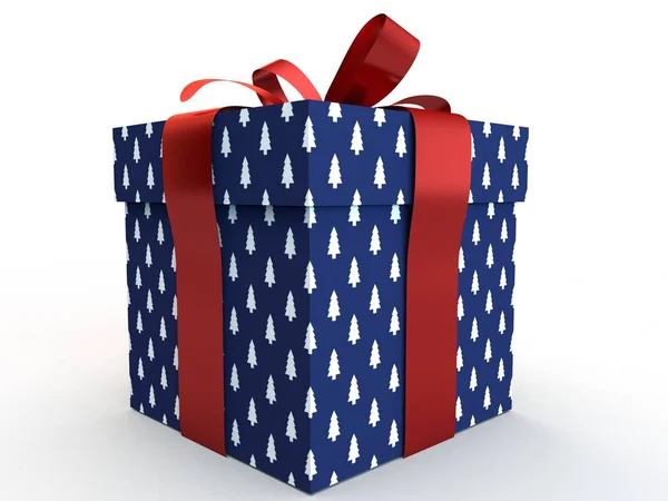 蓝色缎带蝴蝶结 3d 图渲染的礼品盒 — 图库照片