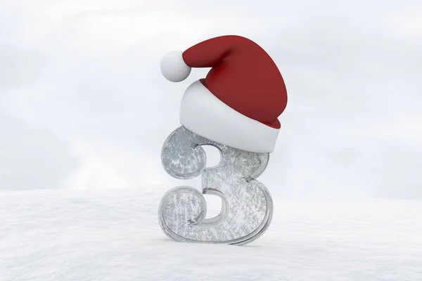 Πάγου αριθμό 3 με Χριστουγεννιάτικο καπέλο 3d απεικόνιση απόδοσης — Φωτογραφία Αρχείου