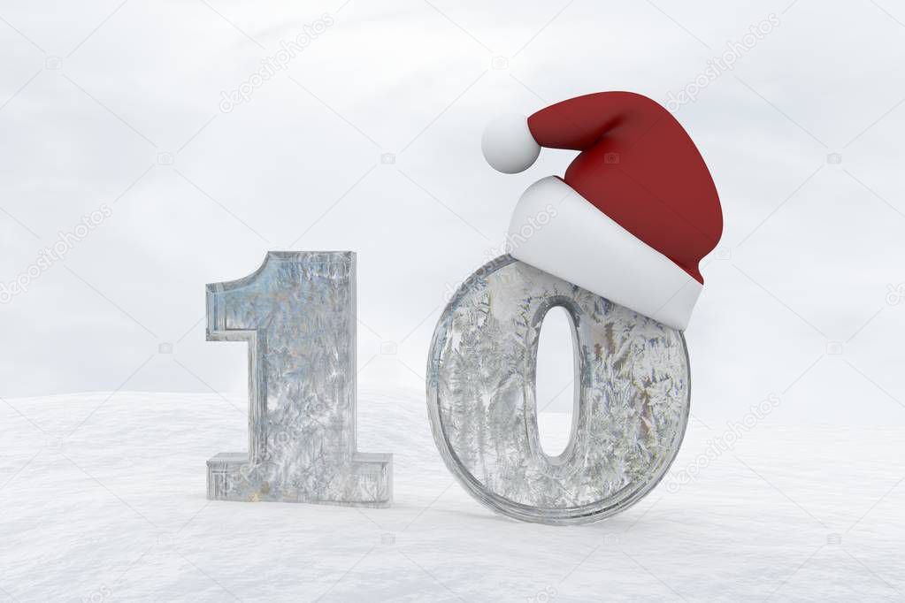 Ice Number 10 with christmas hat 3d rendering illustration