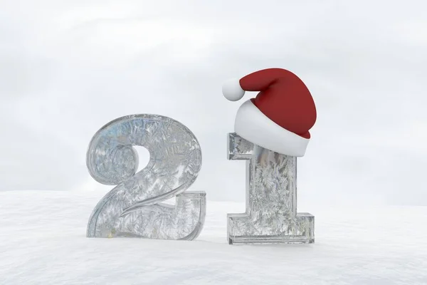 क्रिसमस टोपी के साथ बर्फ संख्या 21 3 डी रेंडरिंग इलस्ट्रेशन — स्टॉक फ़ोटो, इमेज