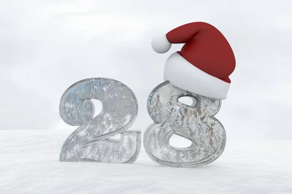 क्रिसमस टोपी के साथ बर्फ संख्या 28 3 डी रेंडरिंग इलस्ट्रेशन — स्टॉक फ़ोटो, इमेज
