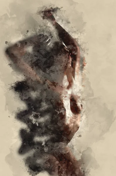 Siluett av kvinna naken skiss akvarellmålning — Stockfoto