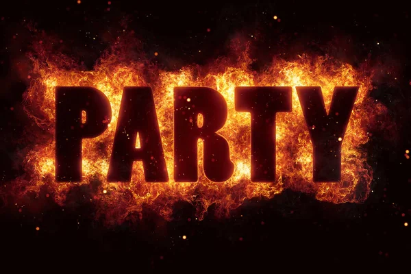 Night party music text on fire flames explosion burning — Stock Photo, Image