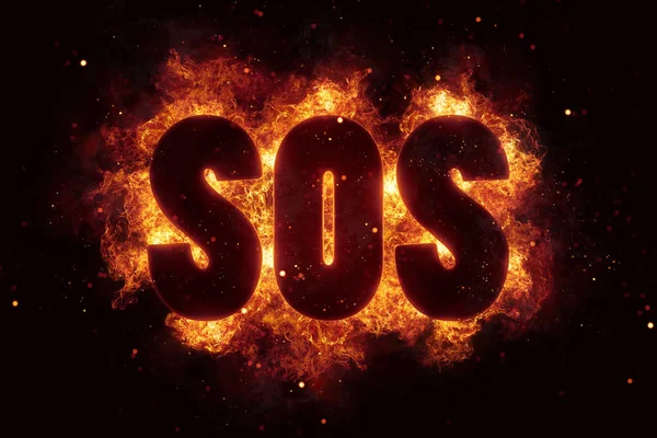 SOS pomoc textu sos ohněm plamen hoří, hoří explodovat — Stock fotografie