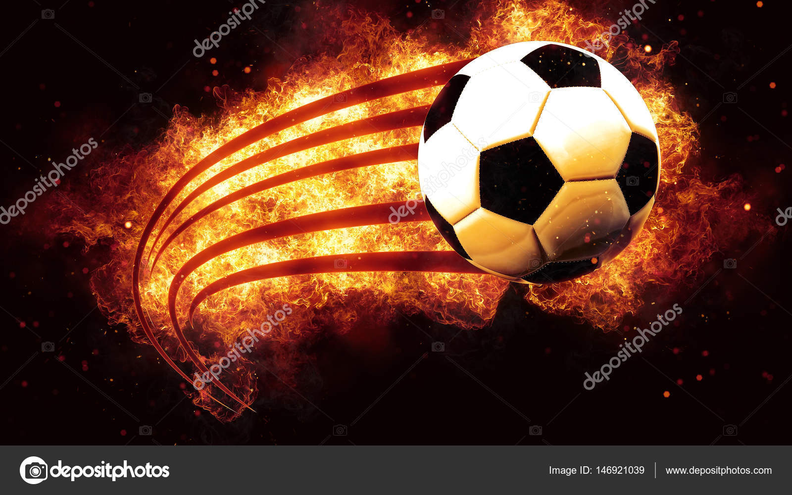Um jogador de futebol com uma bola de fogo ao fundo