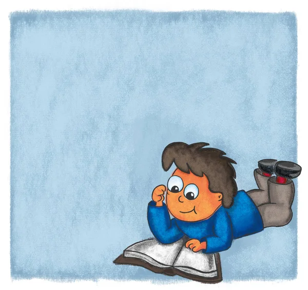 Ilustración niño lectura libro historieta noche tiza — Foto de Stock