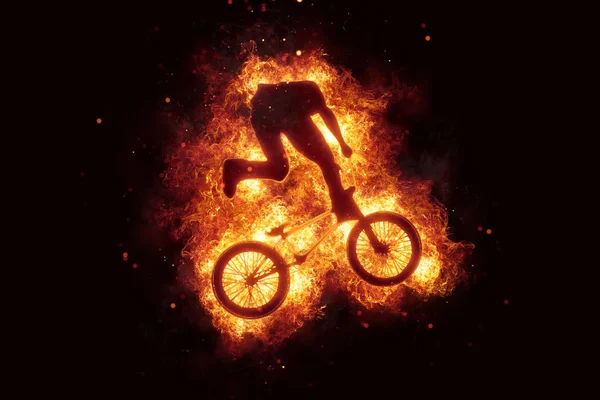 Płonący rower bmx rowerzysta bikinig ogień płomienie — Zdjęcie stockowe