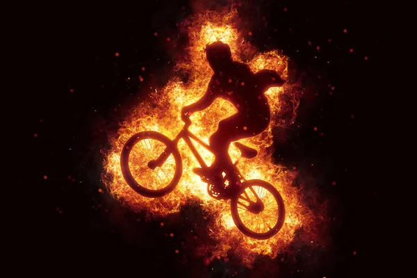 Bruciando bici bmx biker bikinig fuoco fiamme — Foto Stock