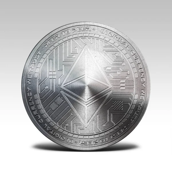 ホワイト バック グラウンド 3d レンダリングに分離された銀 ethereum コイン — ストック写真