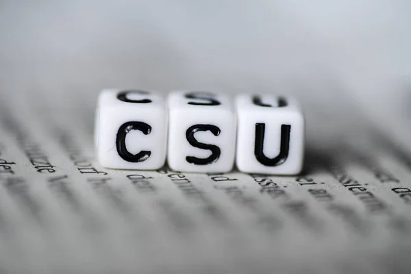 Word CSU formed by wood alphabet blocks on newspaper german party politics — Stock Photo, Image