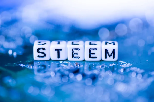 Word STEEM formed by alphabet blocks on mother cryptocurrency — Stock Photo, Image