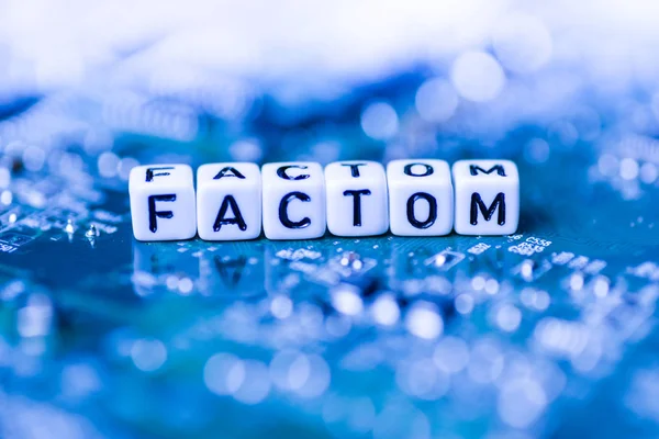 Word FACTOM formed by alphabet blocks on mother cryptocurrency — Stock Photo, Image