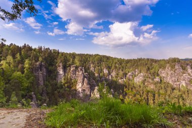 Bastei Neurathen kale kalıntıları çevresinde İsviçre Saksonya kayalarda. Almanya.