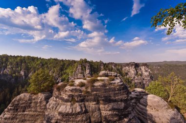 Bastei Neurathen kale kalıntıları çevresinde İsviçre Saksonya kayalarda. Almanya.