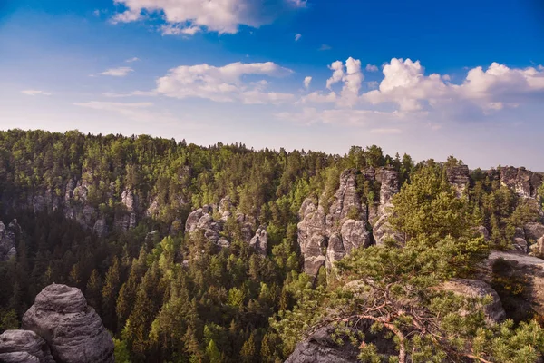 Bastei Neurathen kale kalıntıları çevresinde İsviçre Saksonya kayalarda. Almanya.