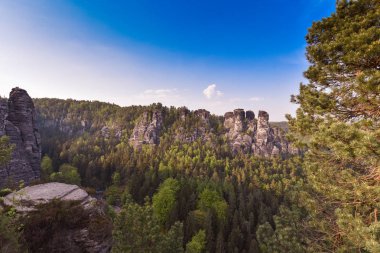 Bastei Neurathen kale kalıntıları çevresinde İsviçre Saksonya kayalarda. Almanya.