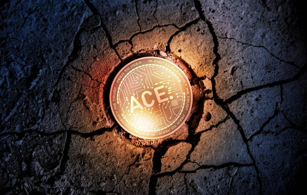 Shiny golden ACE cryptocurrency coin on dry earth dessert background mining — Stock Photo, Image