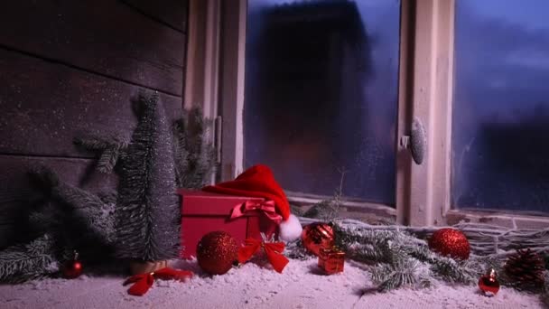 Festive Wooden Christmas Cabin Window Gift Wrapped Winter Window