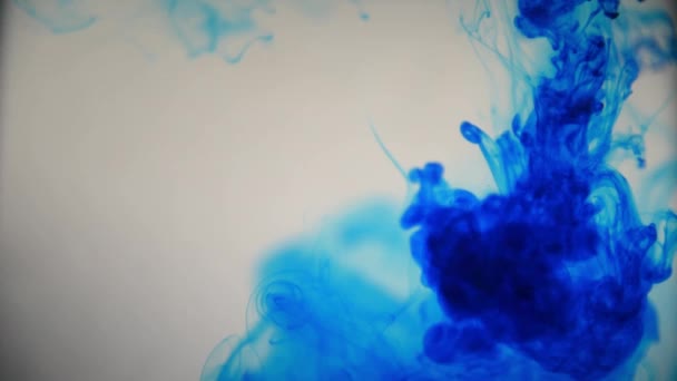 蓝色油漆墨水倒在玻璃杯上 墨水滴飘落 抽象的烟雾弥漫 水彩斑斓 — 图库视频影像