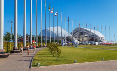 Stadyum fischt arka planda Olimpiyat kazanı. Soçi 2014 Kış Olimpiyat Oyunları