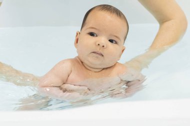 Küçük bir çocuk, annesinin kollarında havuzda bir bebek. Yüzme öğreniyorum. Temiz su. Emzirme