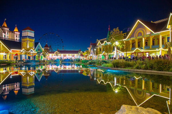 The Hotel Bogatyr. Sochi Park. Evening lighting of the building.