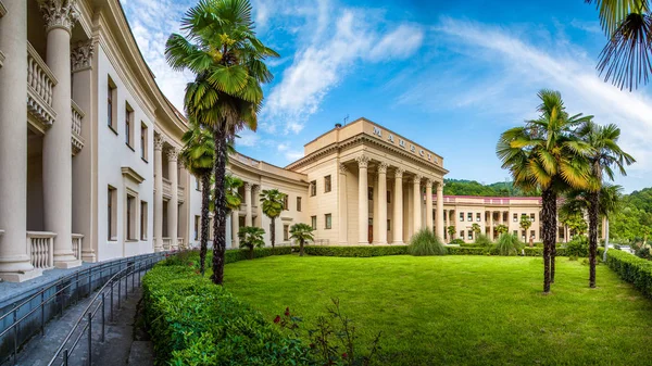 Sochi, Russia - 01.01.2020 Macesta balneological complex. Hydrogen sulfide source. Treatment and prevention of diseases. Historic building. Retro-style. Vintage. Sochi. Columns.