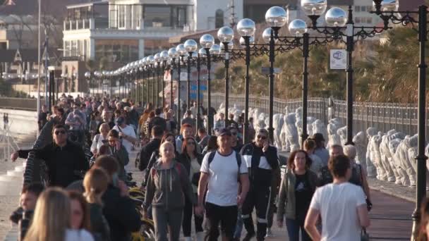 俄罗斯索契 2020年3月10日许多人沿着河堤行走 晚上散步 无法辨认的脸退化 堵车1 人口拥挤 — 图库视频影像