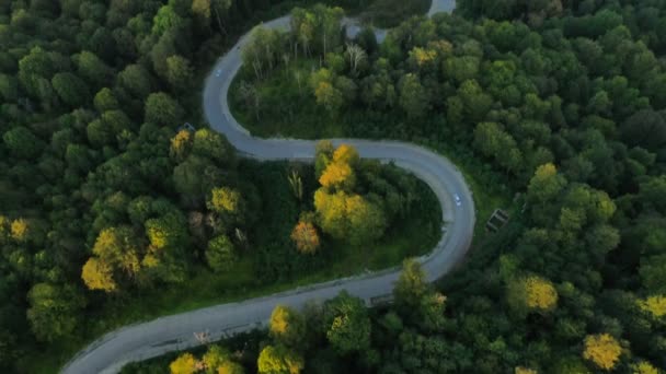 stock video A winding road in the mountains. The top of the mountain. Green forest. No people. Panoramic view. Evening light. Sunset. Red meadow. Sochi. Aerial video. 