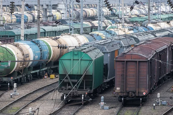 Freight train station in Novorossiysk it is the biggest marshalling yard in Russia. Vans. No people. Railway. Train. Freight.