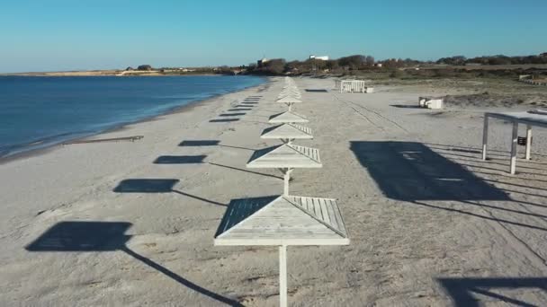 Umbrele de plajă pe o plajă tropicală cu nisip, vedere aeriană . — Videoclip de stoc