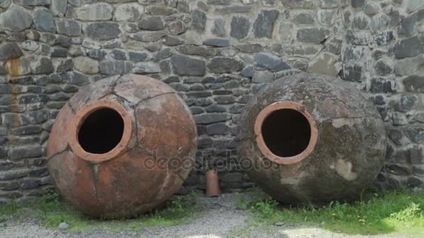 Georgian Kvevri clay in grass Against wall — Stock Video