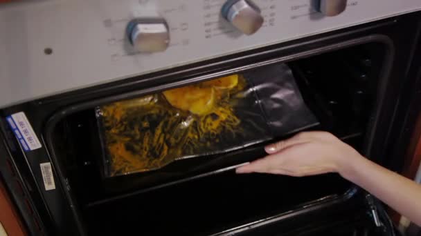Cooking whole roasted fish with marinade baked in the oven. Woman chef puts a baking sheet with raw fish into the hot oven closeup. Food preparation with electric oven. — Stock Video