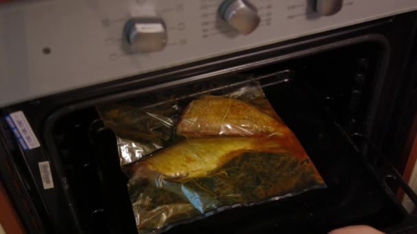 Cooking whole roasted fish with marinade in baking bag. Woman chef puts a baking sheet with raw fish into hot oven. Food preparation with electric oven. — Stock Video