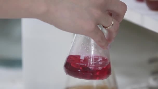 실험실 장비의 위스키 샘플 분석. 알코올 음료가 들어 있는 둥근 전구를 천천히 움직여 품질을 확인하고 슬 로 모에서 알코올 분석을 수행 한다. — 비디오