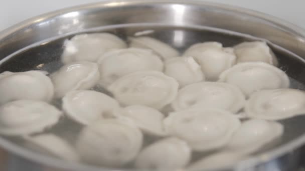 Many dumplings in boiling and steaming pot water. Cooking d Many dumplings in boiling and steaming pot water. Cooking dumplings. Famous traditional russian food. Typical dish eaten during Stock Video