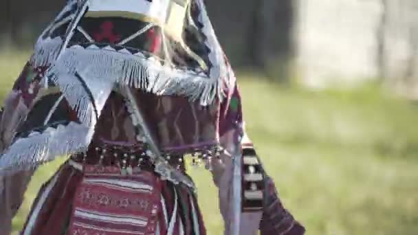 Folclore ensemble povos indígenas dançando em roupas tradicionais ao ar livre no fundo do moinho de vento de madeira antigo tradicional. Grupo de pessoas felizes vestindo roupas nacionais Finno Ugric no dia ensolarado . — Vídeo de Stock