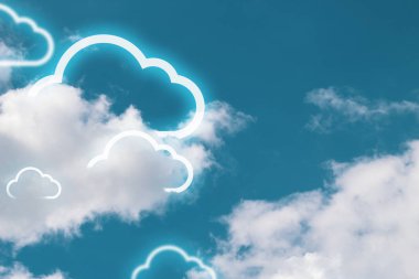 Gökyüzü arkaplanındaki bulut depolama simgesi dijital ai veri web çevrimiçi teknoloji sosyal ağ iş konsepti, çalışmayla sistem bağlantısı, nesnelerin interneti