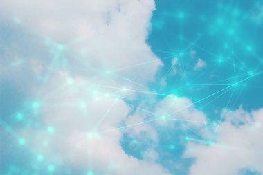 Dijital ai veri ağı çevrimiçi teknoloji sosyal ağ konsepti, çalışmayla sistem bağlantısı, nesnelerin interneti tarafından gökyüzü arkaplanı üzerindeki bulut depolama