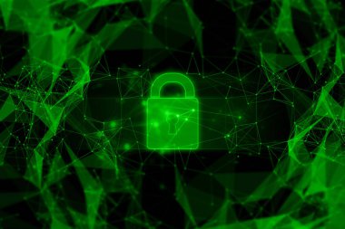 Güvenlik gizlilik simgesini ağ sosyal interneti ile kilitle, arkaplan 3D illüstrasyon oluşturma, hacker 'dan güvenli veri sunucusu, yapay zeka robot sistemi